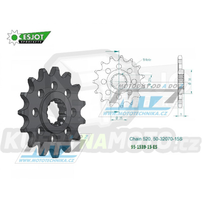 Kolečko řetězové (pastorek) 1539-15zubů ESJOT 50-32070-15S - Kawasaki KLX230 + KLE300 Versys + EX250 Ninja+EX400 Ninja + Z300+Z400+Z500 + EL500 Eliminator + ZX10R Ninja + KEF300 Lakota+KES300 Lakota