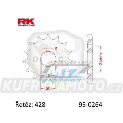 Kolečko řetězové (pastorek) 0264-16zubů RK - Honda C90Z + CE90 + CBZ125 + EZ90 Cub + CB175K + XLR250R3 + XLR250 Baja + XLR250R + Kymco 125 Pulsar + 125 STR + Gilera 125 Cougar + Yamaha DT125Z + DT200R + Derbi 125 Senda