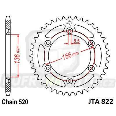 Hliníková řetězová rozeta JT JTA 822-51 51 zubů, 520