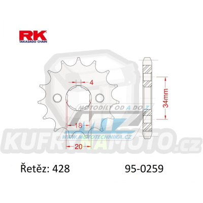 Kolečko řetězové (pastorek) 0259-15zubů RK - Honda CB100+CB125+CBX125+CG125+CT125+CT200 + EZ90 Cub+XL100+XL125S+XL185S+SL100+TL125 + Daelim VC125+VJ125+VJF125R+VS125 + VL125 Daystar+VT125 Evolution + Derbi 125 + Yuki 125 + AJP PR3+PR4