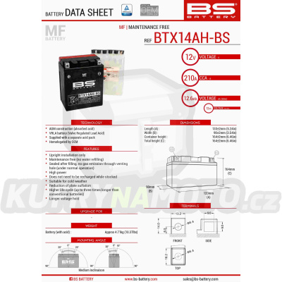 BS baterie moto BTX14AH-BS (YTX14AH-BS) 12V 12AH 134X89X166 bezúdržbový - elektrolyt přibalen (210A) (4)