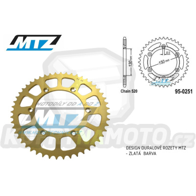 Rozeta řetězová (převodník) 0251-48zubů MTZ ALU zlatá - Yamaha YZ125+YZ250 + YZF250+YZF400+YZF426+YZF450+YZF450X + WRF250+WRF400+WRF426+WRF450 + TTR230 + Honda XR250+XR350+XR500 + XL250+XL400+XL500
