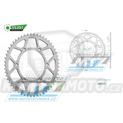 Rozeta řetězová (převodník) Dural 0251-53zubů ESJOT 51-32001-53 - barva stříbrná - Yamaha YZ125+YZ250 + YZF250+YZF400+YZF426+YZF450+YZF450X + WRF250+WRF400+WRF426+WRF450 + TTR230 + Honda XR250+XR350+XR500 + XL250+XL400+XL500