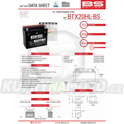 BS baterie moto BTX20HL-BS (YTX20HL-BS) 175X87X155 bezúdržbový elektrolyt přibalen (310A) (2)