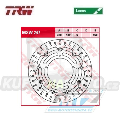 Kotouč brzdový plovoucí TRW MSW247 (320/132/5D) - kulatý design - Yamaha YZF R6+YZF R1 + FZ1N+FZ1S Fazer+MT10 + XVS1300 + V-Max1700