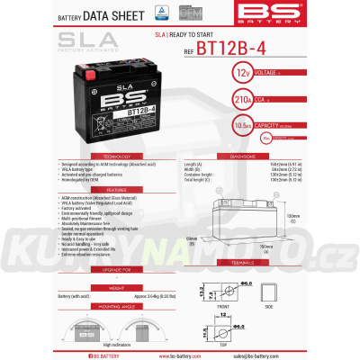 BS baterie moto BT12B-4 (FA) (YT12B-4) 151X70X130 12V 10AH bezúdržbový - naplněný (175A) (4)