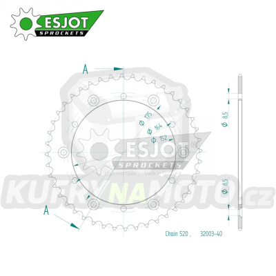 Rozeta řetězová (převodník) Dural 0853-40zubů ESJOT 51-32003-40 - barva zlatá - Yamaha YZ100+YZ125+YZ250+YZ465+YZ490+DT200R+SR500+IT175+IT200+IT250+ IT400+IT465+IT490+TT350 + WR125 +WR250+WR400+WR500+ YFM350X Warrior + YFM660R Raptor + Kreidler 170