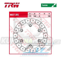 Kotouč brzdový TRW MST205 (276/144/6D) - kulatý design - Daelim Rocket125+VT125 + Honda CBR125R / 04-10+VFR400R+CBR600F+FX650Vigor+VF700 + CBX750+VFR750+XL700V Transalp+PC800Pacific Coast + VF1000 + Triumph Tiger900