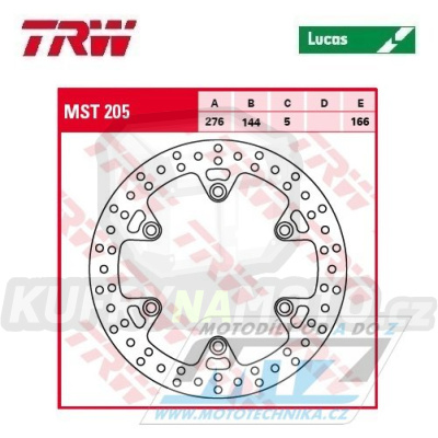 Kotouč brzdový TRW MST205 (276/144/6D) - kulatý design - Daelim Rocket125+VT125 + Honda CBR125R / 04-10+VFR400R+CBR600F+FX650Vigor+VF700 + CBX750+VFR750+XL700V Transalp+PC800Pacific Coast + VF1000 + Triumph Tiger900