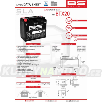 BS baterie moto BTX20 (FA) (YTX20-BS) 12V 18AH 175X87X155 bezúdržbový - naplněný (270A) (4)