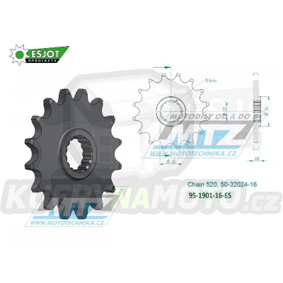 Kolečko řetězové (pastorek) 1901-16zubů ESJOT 50-32024-16 - KTM 125+150+200+250+300+360+380SX+EXC + 250+350+400+450+500+520+525+530SXF+EXCF + SMR+Freeride + Husaberg TE+FE + Husqvarna TC+TE+FC+FE + Gas-Gas MC+MCF+EC+ECF + Beta RR + Maico+Polaris