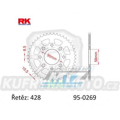 Rozeta ocelová (převodník) 0269-51zubů RK - Honda CG125+CB125+CB175+CBX125 + CM185+CM200+CT125+CT185+CT200+SL125 + XL100+XL125+XL185+XR185 + EZ90Cub + Kymco 125 Pulsar+Spike+Zing+Hipster+Stryker + Daelim VL125+VC125+VS125 + Brixton125 + Yuki 125