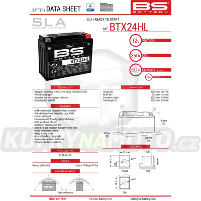 BS baterie moto BTX24HL (FA) (YTX24HL-BS) 12V 21AH 205X87X162 bezúdržbový - naplněný (350A) (4)