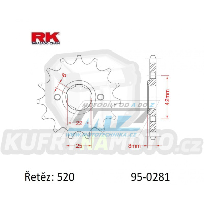 Kolečko řetězové (pastorek) 0281-15zubů RK - Honda XR250R+XR500R+XR600R + XR500S + XL400R+XL500R+XL600R + XL250R+XL400S+XL500S + XL600LM+XL600RM + CB250R+CL250+MVX250