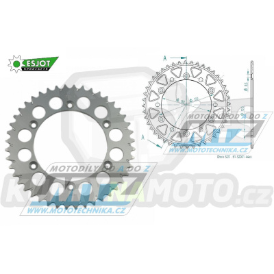 Rozeta řetězová (převodník) Dural 0251-44zubů ESJOT 51-32001-44 - barva stříbrná - Yamaha YZ125+YZ250 + YZF250+YZF400+YZF426+YZF450+YZF450X + WRF250+WRF400+WRF426+WRF450 + TTR230 + Honda XR250+XR350+XR500 + XL250+XL400+XL500