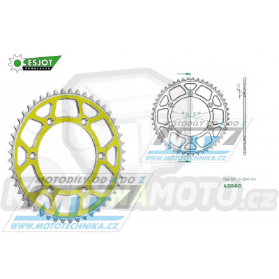 Rozeta řetězová (převodník) Dural 0808-48zubů ESJOT 51-32041-48SY - barva žlutá - Suzuki RM125 / 80-11+RM250 / 82-12+RMX250 / 89-00+RMZ250 / 07-20+RMZ450 / 05-20+RMX450Z / 10-19+DRZ250 / 01-07+DR350 / 96-99+DRZ400S / 00-20+DRZ400E / 00-07 + Kawasaki