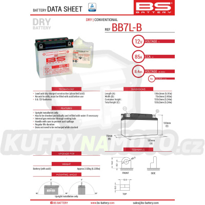 BS baterie moto BB7L-B (YB7L-B) (12N7-3B) 12V 8AH 135X75X133 s elektrolytem v balení - konvenční (85A) (6)