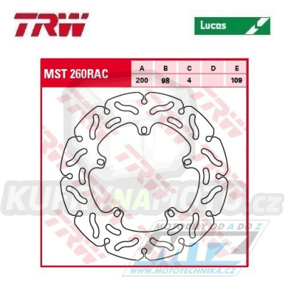 Kotouč brzdový TRW MST260RAC (200/98/5D) - zubatý design - Derbi Atlantis50+Bolevard + Gilera Ice50 + VX125Runner + VXR180Runner + Kymco People50 + Malaguti Centro50 + Piaggio Fly+Free+Quartz+Sfera+Zip+Skipper + GTX+Hexagon+Sfera+SKR+LXT + GT + Vespa
