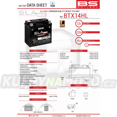 BS baterie moto BTX14HL MAX (FA) (YTX14L-BS) 12V 14AH 149X87X144 bezúdržbový - naplněný (zvětšený proud startovací) (220A) (4)