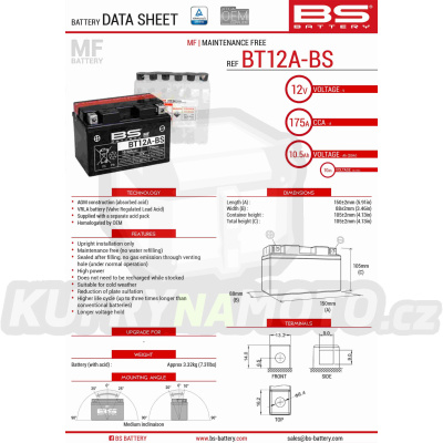 BS baterie moto BT12A-BS (YT12A-BS) 152X88X106 12V 10AH bezúdržbový - elektrolyt přibalen (175A) (4)