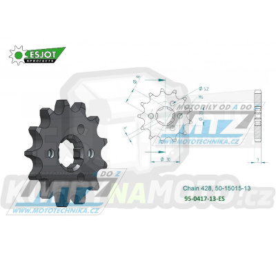 Kolečko řetězové (pastorek) 0417-13zubů ESJOT 50-15015-13 - Kawasaki KMX125+KMX200 + KDX125SR + AR125LC+KE100A + BN125 Eliminator