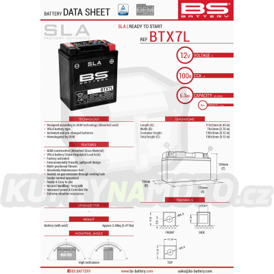 BS baterie moto BTX7L (FA) (YTX7L-BS) 12V 6AH 113X70X130 bezúdržbový - naplněný (100A) zesílená (8)