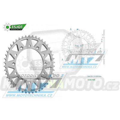 Rozeta řetězová (převodník) Dural 0251-46zubů ESJOT 51-32001-46 - barva stříbrná - Yamaha YZ125+YZ250 + YZF250+YZF400+YZF426+YZF450+YZF450X + WRF250+WRF400+WRF426+WRF450 + TTR230 + Honda XR250+XR350+XR500 + XL250+XL400+XL500