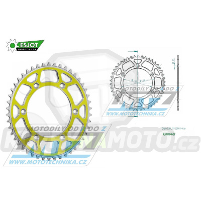 Rozeta řetězová (převodník) Dural 0808-46zubů ESJOT 51-32041-46SY - barva žlutá - Suzuki RM125 / 80-11+RM250 / 82-12+RMX250 / 89-00+RMZ250 / 07-20+RMZ450 / 05-20+RMX450Z / 10-19+DRZ250 / 01-07+DR350 / 96-99+DRZ400S / 00-20+DRZ400E / 00-07 + Kawasaki