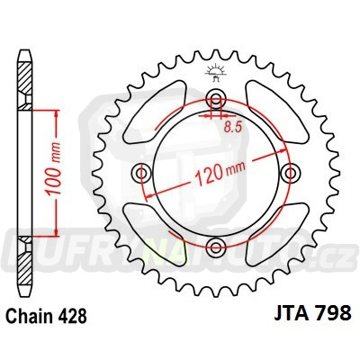 Hliníková řetězová rozeta JT JTA 798-52 52 zubů, 428