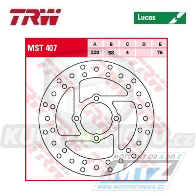 Kotouč brzdový TRW MST407 (220/58/4D) - Derbi DXR200+DXR250 + Yamaha YFS200Blaster / 88-07 + YFM350 Wolverine / 95-05 + YFZ350 Banshee / 90-06 + YFM660R Raptor / 01-05