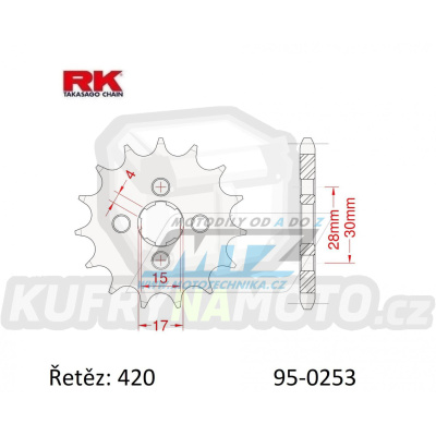 Kolečko řetězové (pastorek) 0253-15zubů RK - Honda C50 + CR50 + CR60 + CR80R + CRF110F + CF50 Chaly + MT50S + NSR50S + SS50Z + C70 + ST70 + XL75 + MBX80F + ATC70 + MTX75 + C90 Cub + Daytona 50 Sprinter