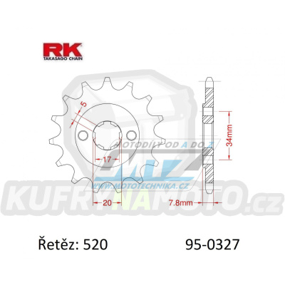 Kolečko řetězové (pastorek) 0327-15zubů RK - Honda CRM125 + NSR125R + VT125C Shadow + XL125V Varadero + CRF150F + CRF230F + XR250R + CBX250H + XR250L + NSR125R + Kymco 50MXer + 50MXU