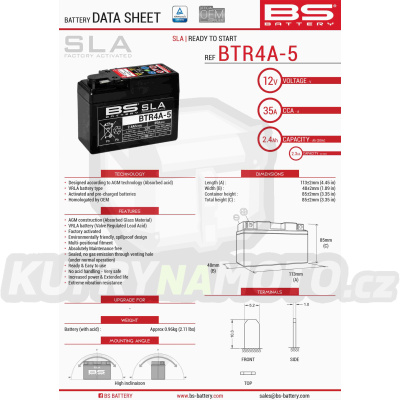 BS baterie moto BTR4A-5 (FA ) (YTR4A-BS) 12V 2,3AH 113X48X85X bezúdržbový naplněný (35A)