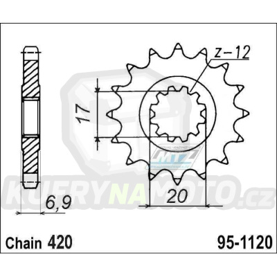 Kolečko řetězové (pastorek) 1120-14zubů MTZ - Aprilia 50RS+Betamotor 50RR+CPI 50SM+Fantic 50 Caballero+Generic 50 Trigger+Malaguti 50+MBK 50 X-Limit + Motor Hispania 50RYZ+Rieju 50+MBK 50 X-Limit+Peugeot 50XP6+Yamaha DT50R