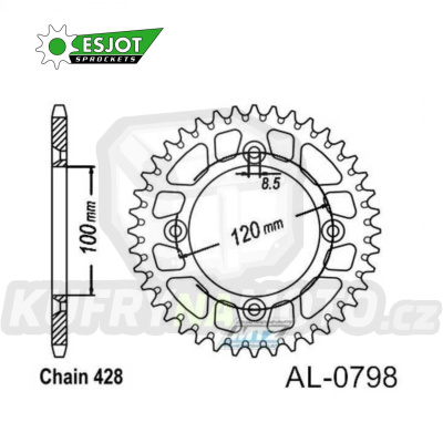 Rozeta řetězová (převodník) Dural 0798-52zubů ESJOT 51-15026-52 - barva zlatá elox - Suzuki RM80 / 83-01 + RM85 / 02-20 + Yamaha YZ80 / 93-01 + YZ85 / 02-20 + Beta RR125 / 06-12