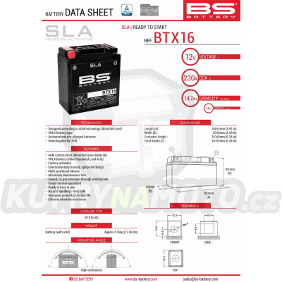 BS baterie moto BTX16 (FA) (YTX16-BS) 12V 14AH 152X88X161 bezúdržbový - naplněný (230A) (4)