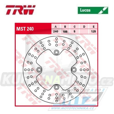 Kotouč brzdový TRW MST240 (240/105/5D) - Buell + Cagiva Elefant+GranCanyon+Navigator + Honda Forza+Nes+SH125+Nes150+SH150 + CB250+Forza250+Forza300+SH300 + CB400+CB500+CB500S + XL600V+XL650V+XRV650 AfricaTwin + XL700V Transalp+CB750Seventy Fifty+CB90