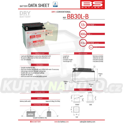 BS baterie moto BB30L-B (YB30L-B) 12V 30AH 168X132X176 s elektrolytem v balení - konvenční (300A) HARLEY DAVIDSON, POLARIS 600/700 (2)