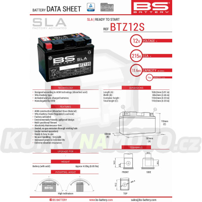BS baterie moto BTZ12S (FA) (YTZ12S) 12V 11AH 150X86X110 bezúdržbový - naplněný (210A) (4)