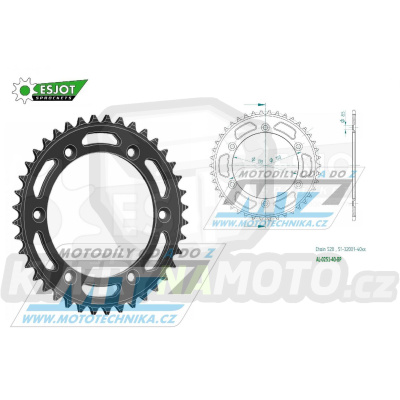 Rozeta řetězová (převodník) Dural 0251-40zubů ESJOT 51-32001-40BP - barva černá elox - Yamaha YZ125+YZ250 + YZF250+YZF400+YZF426+YZF450+YZF450X + WRF250+WRF400+WRF426+WRF450 + TTR230 + Honda XR250+XR350+XR500 + XL250+XL400+XL500