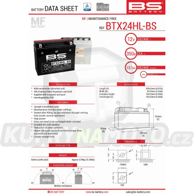 BS baterie moto BTX24HL-BS (YTX24HL-BS) 12V 21AH 205X87X162 bezúdržbový - elektrolyt přibalen (350A) (2)