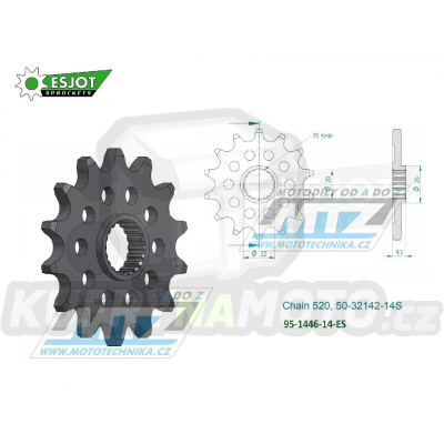 Kolečko řetězové (pastorek) 1446-14zubů ESJOT 50-32142-14S - Kawasaki KXF250 / 06-23 + KX250 / 19-22