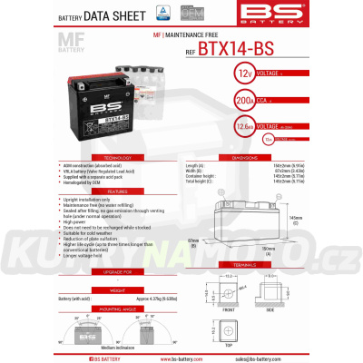 BS baterie moto BTX14-BS (YTX14-BS) 12V 12AH 150X87X145 bezúdržbový - elektrolyt přibalen (200A) (4)