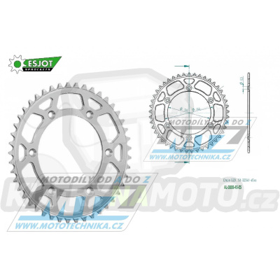 Rozeta řetězová (převodník) Dural 0808-45zubů ESJOT 51-32041-45 - barva stříbrná - Suzuki RM125 / 80-11+RM250 / 82-12+RMX250 / 89-00+RMZ250 / 07-20+RMZ450 / 05-20+RMX450Z / 10-19+DRZ250 / 01-07+DR350 / 96-99+DRZ400S / 00-20+DRZ400E / 00-07 + Kawasaki
