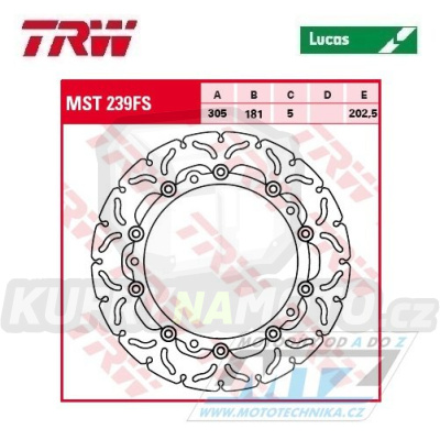 Kotouč brzdový TRW MST239FS (305/181/5D) - BMW F750GS+F850GS+R850 + R1100+R1100RT + R1150GS+K1200+R1200+HP2 + R1250GS+R1250R+R1250RS+R1250RT