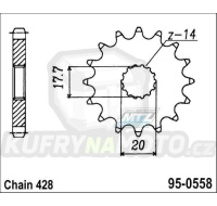 Kolečko řetězové (pastorek) 0558-14zubů MTZ - Yamaha YZ85 + DT125R+DT125RE+DT125X+DT200R + TZR80+TZR125+TDR125 + XVS125 Drag Star+XVS250 Drag Star + Derbi GPR125 + Kawasaki BX125 Ninja+Z125