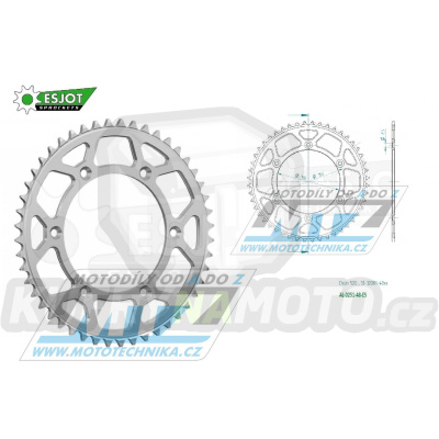 Rozeta řetězová (převodník) Dural 0251-48zubů ESJOT 51-32001-48 - barva stříbrná - Yamaha YZ125+YZ250 + YZF250+YZF400+YZF426+YZF450+YZF450X + WRF250+WRF400+WRF426+WRF450 + TTR230 + Honda XR250+XR350+XR500 + XL250+XL400+XL500