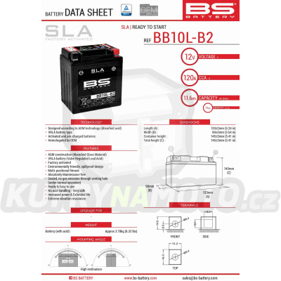 BS baterie moto BB10L-B2 (FA) (YB10L-B2) 12V 11AH 136X91X146 bezúdržbový - naplněný (160A) (4)
