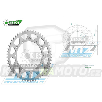 Rozeta řetězová (převodník) Dural 0853-52zubů ESJOT 51-32003-52 - barva stříbrná - Yamaha YZ100+YZ125+YZ250 +YZ465+YZ490+DT200R+ SR500+IT175+IT200+IT250+IT400+IT465+IT490+TT350 + WR125 +WR250+WR400+WR500+YFM350X Warrior+YFM660R Raptor + Kreidler 170