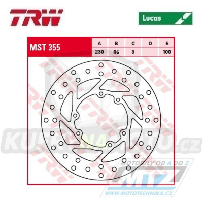Kotouč brzdový TRW MST355 (230/86/6D) - Yamaha DT125LC / 82-87+DT125R / 88-06+DTZ125 Tenere / 89-94+WR125 / 90-92 + YZ125+YZ250 / 86-89 + YZ360 / 89-93+WR500 / 92-93 + TT350 / 86-99 + TT600R / 84-92 + TM GS125 / 90-92